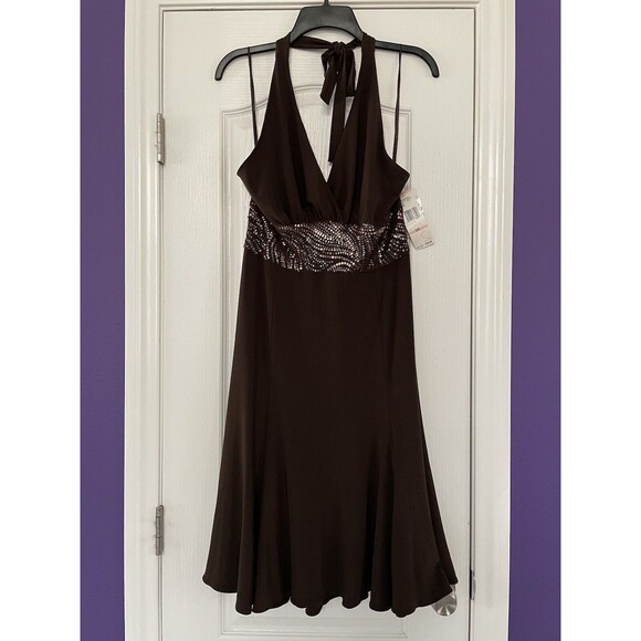 JONES New York Brown Sequin Detail Halter Empire Waist Dress Size 10 NWT - Picture 1 of 11